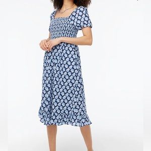 J. Crew Factory Cotton Smocked Puff Sleeve Navy Blue Midi Dress XS NWT